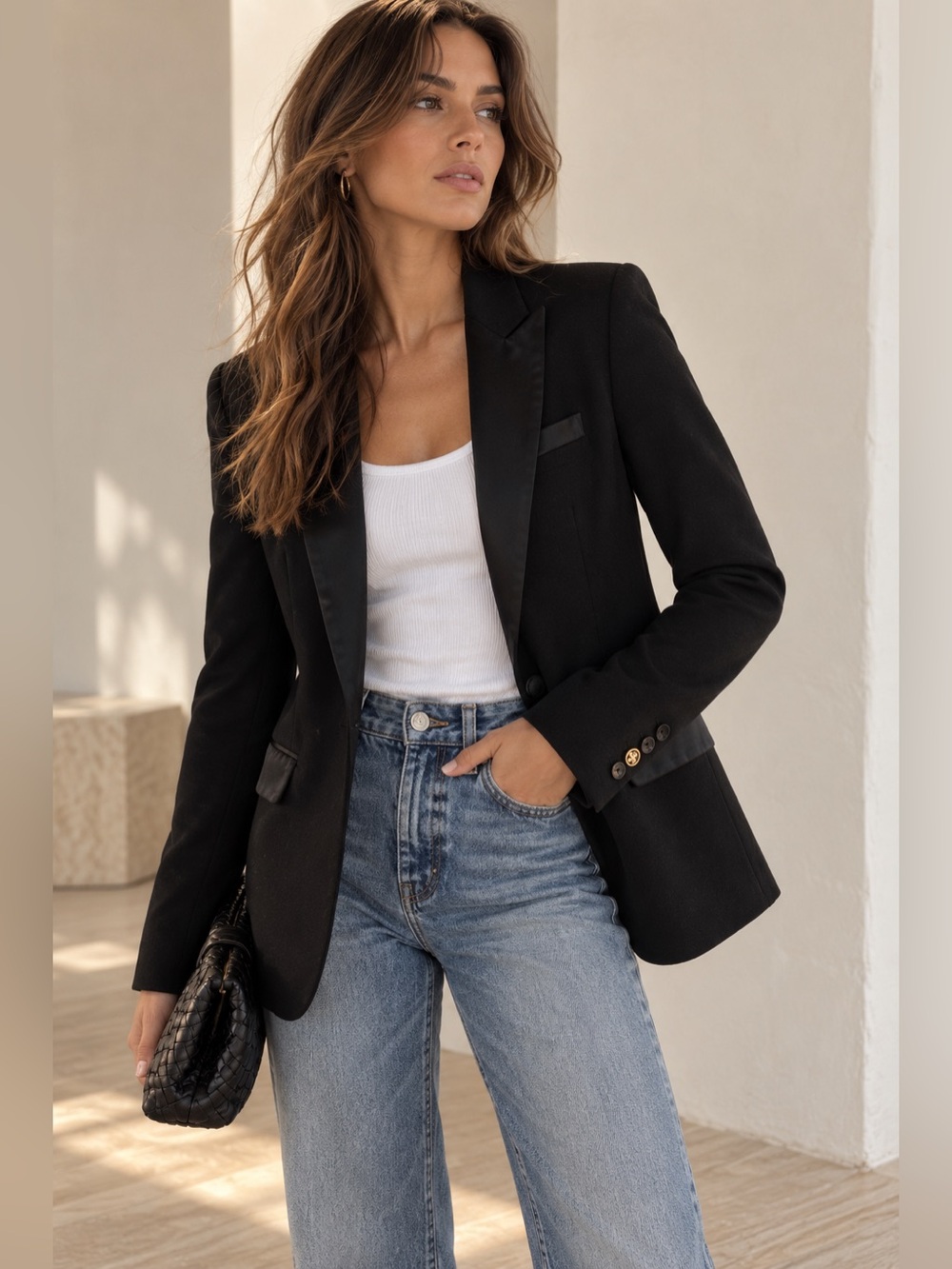 Tory Burch Black Wool Blend Tuxedo Blazer | Satin Trim | XS